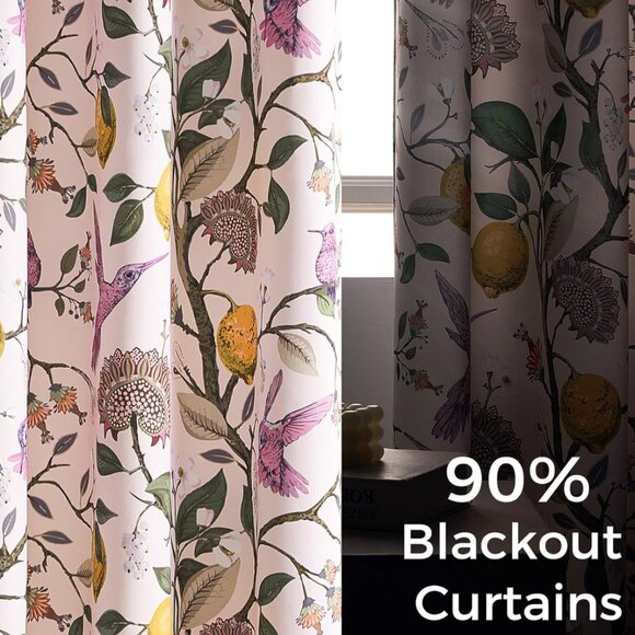 Floral Lemon Hummingbird Curtains Patterned Waverly Mid-Century Style - Picture 3 of 7
